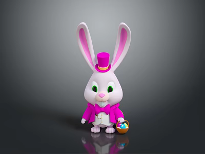 Cute Cartoon Rabbit Figure Wearing Pink Top Hat And Holding Easter Egg Basket 3d model