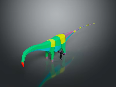 Colorful Long Neck Dinosaur With Small Human Figure Standing Beside 3d model