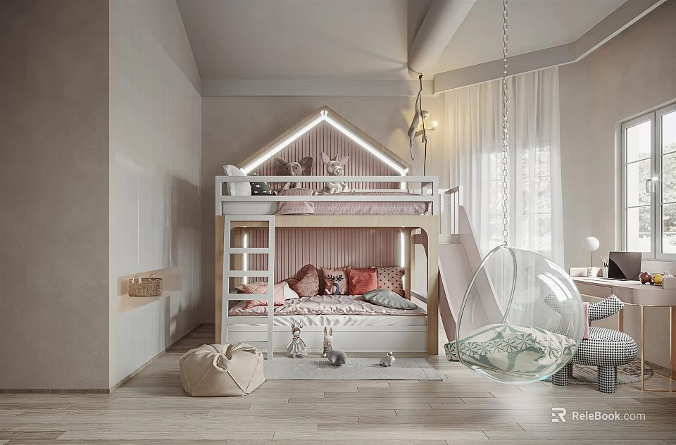 Modern Cozy Kids Room Interior Design With Bunk Bed Slide And Hanging Chair 3d model 