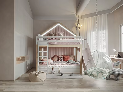Modern Cozy Kids Room Interior Design With Bunk Bed Slide And Hanging Chair 3d model