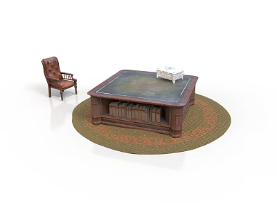Square Wooden Coffee Table On Round Rug With Brown Leather Chair And Books 3d model
