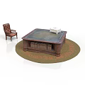 Square Wooden Coffee Table On Round Rug With Brown Leather Chair And Books
