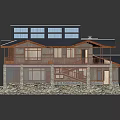 Cartoon Scene of House With Blue Roof Solar Panels Wooden Balcony And Stone Base Reflection