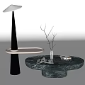 Modern Round Dark Marble Coffee Table With Decorative Branches And Small Ornaments 3d model
