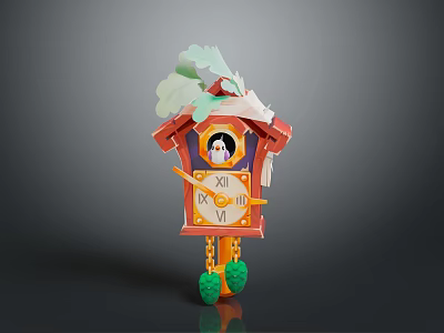 Wooden Cuckoo Clock Red Vintage Design With Green Decorative Top And Bottom Chains 3d model