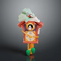 Wooden Cuckoo Clock Red Vintage Design With Green Decorative Top And Bottom Chains