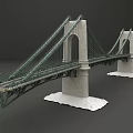 Green Cable Suspension Bridge With White Stone Piers And Roadway Structure