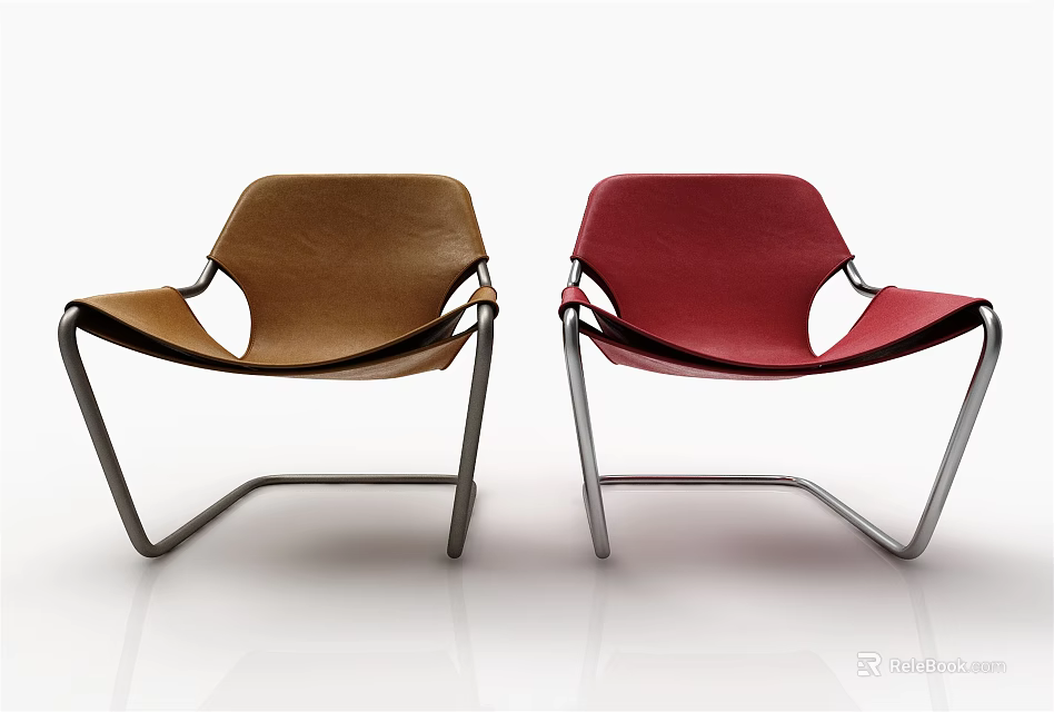 Modern Brown and Red Leather Leisure Chairs with Sleek Metal Frames and Curved Design 3d model 