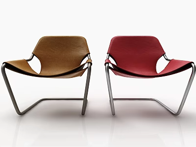 Modern Brown and Red Leather Leisure Chairs with Sleek Metal Frames and Curved Design 3d model