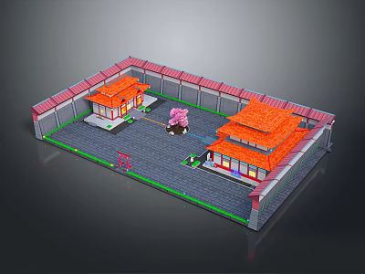 Cartoon Chinese Courtyard Scene With Traditional Red Roof Buildings And Pink Tree Decorative Elements 3d model