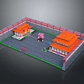 Cartoon Chinese Courtyard Scene With Traditional Red Roof Buildings And Pink Tree Decorative Elements