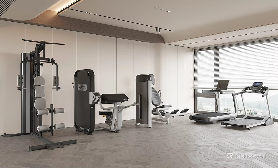Modern Fitness Gym Interior With Treadmill Weight Machines And Spacious Design 3d model 