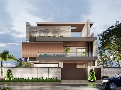 Modern Detached Villa Featuring Geometric Facade Glass Balcony and Roof Garden Surrounded by Trees 3d model