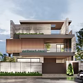 Modern Detached Villa Featuring Geometric Facade Glass Balcony and Roof Garden Surrounded by Trees