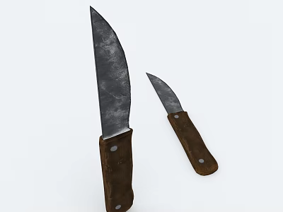 Large And Small Knives With Rustic Metal Blades And Brown Wooden Handles 3d model