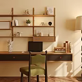 Warm Study Room Interior With Wooden Bookshelf Writing Desk Green Chair And Decorative Items