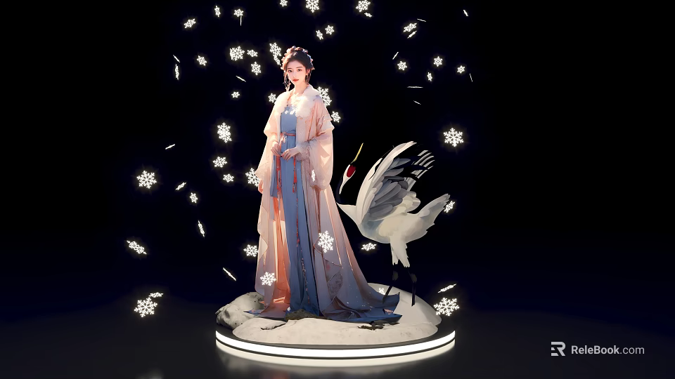 Traditional Hanfu Female Figure With Crane And Snowflake Decorations On Circular Platform 3d model 