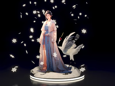 Traditional Hanfu Female Figure With Crane And Snowflake Decorations On Circular Platform 3d model