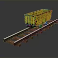Yellow Train Freight Carriage On Railway Track With Metal Rails And Wooden Sleepers