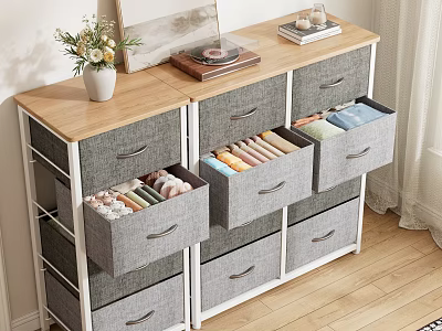 Modern Gray Fabric Chest of Drawers with Metal Frame Wooden Top for Clothing Storage 3d model