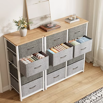 Modern Gray Fabric Chest of Drawers with Metal Frame Wooden Top for Clothing Storage 3d model