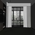 Modern Restaurant Interior With Wooden Cabinets Glass Sliding Doors And Gray Curtains
