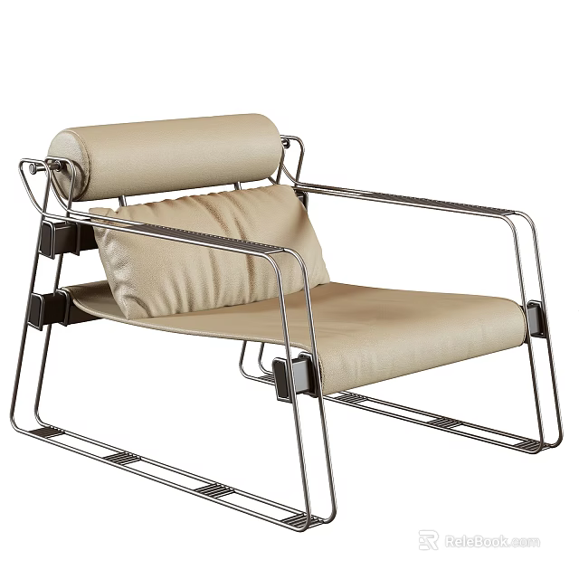 Modern Leisure Chair with Beige Upholstered Cushion Cylindrical Headrest Pillow and Metal Frame 3d model 