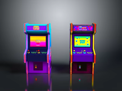 Vibrant Neon Retro Arcade Machines With Colorful Screens And Control Panels 3d model