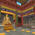 Ancient Chinese Architecture with Red Pillars and Carved Wooden Doors Revealing Golden Buddha Statue Inside