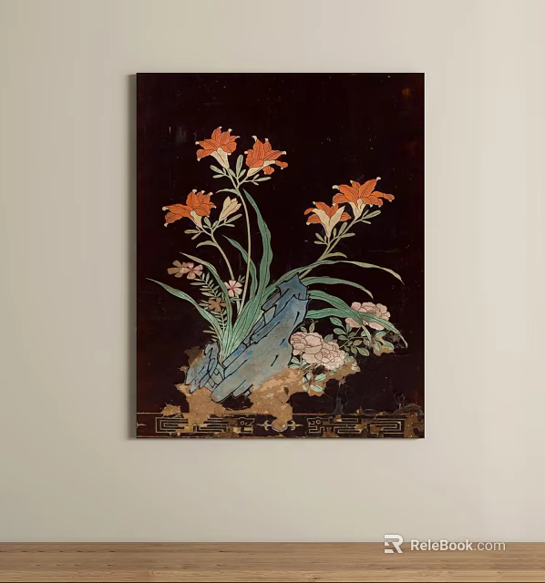 Decorative Painting With Orange Flowers Stone And Black Background Bottom Patterns 3d model 