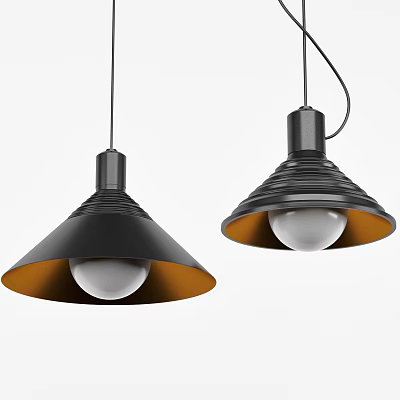 Modern Black Pendant Lights With Ribbed Shade Orange Rim And White Bulb 3d model