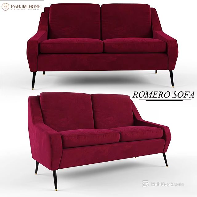 Modern Red Velvet Two Seater Romero Sofa with Black Metal Legs Design 3d model 