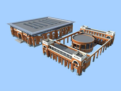 Classical Red Brick School Building With Domed Roof Arched Windows And Covered Corridors 3d model