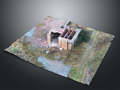 3D Model Of Damaged Brick Structure With Ruins Grass Debris And Water 3d model