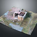 3D Model Of Damaged Brick Structure With Ruins Grass Debris And Water