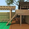 Kindergarten Outdoor Playground With Wooden Platform Stairs And Green Floor