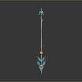 Intricate Long Handled Weapon With Metallic Shaft Blue Orange Accents And Decorative Parts
