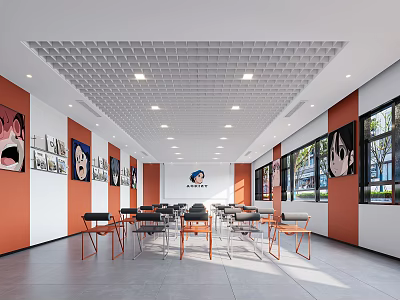 Modern Meeting Room With Orange White Walls Anime Posters Grid Ceiling And Gray Floor Tiles 3d model