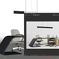Modern Office Desk Setup With Ergonomic Chairs Laptop Desk Lamp And Hanging Light