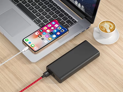 Smartphone Charging From Laptop With Power Bank On Wooden Desk And Coffee 3d model