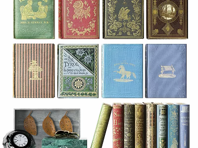 Vintage Books and Magazines with Colorful Covers and Intricate Decorative Patterns 3d model