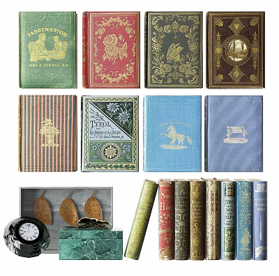 Vintage Books and Magazines with Colorful Covers and Intricate Decorative Patterns 3d model