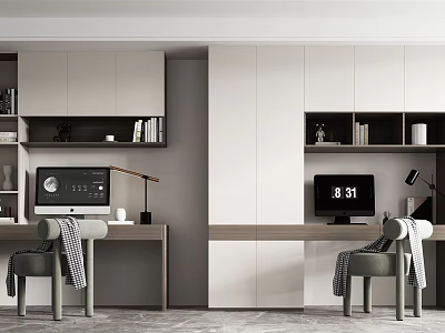 Modern Home Office Double Desks With Bookshelves Computer Monitor Desk Lamp And Throw Blanket 3d model