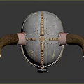 Viking Horned Helmet Weapon With Silver Decorative Patterns Red Accents And Traditional Design