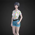 Woman Wearing Colorful Floral Print Cropped Top And Blue Denim Shorts With Brown Belt