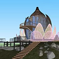 Lotus Shaped Wooden House With Balcony Staircase Rocks Grass And Scenic Coastal View