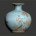Elegant Turquoise Vase With Painted Floral Patterns And Colorful Birds Design