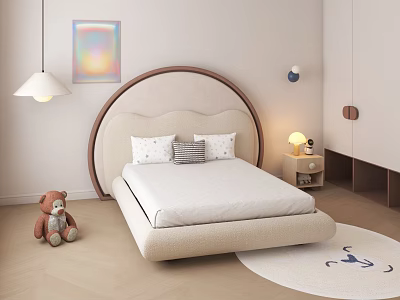 Cozy Kids Room Interior with Round Headboard Bed Teddy Bear Colorful Art and Animal Rug 3d model