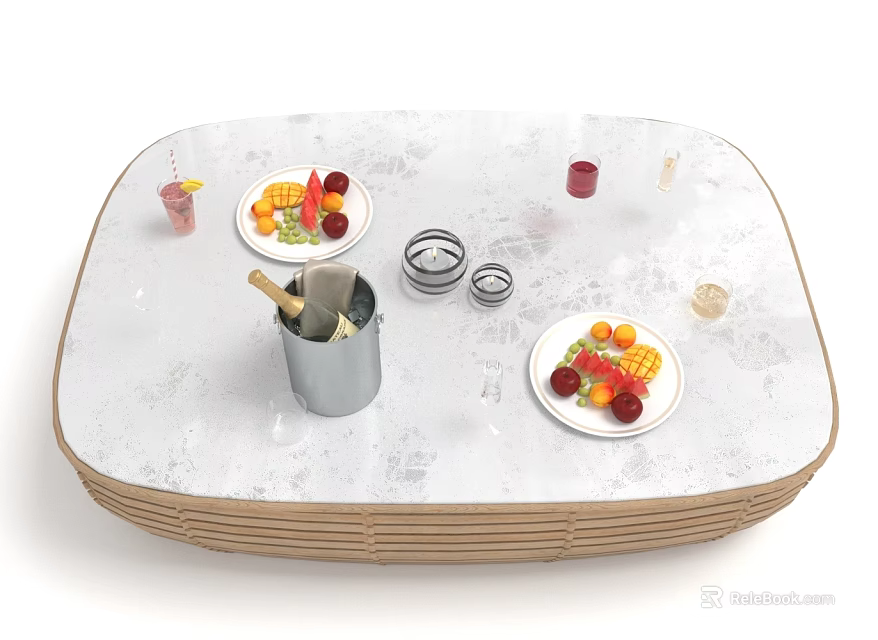 Oval Table With White Patterned Surface Wooden Woven Edge Fruit Plates Metal Bucket Glass Cups 3d model 