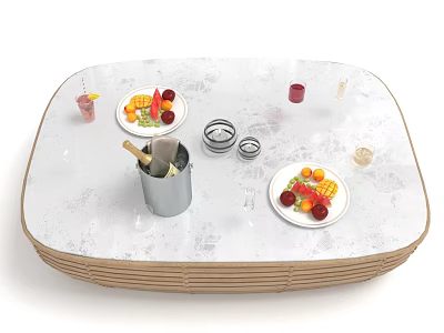 Oval Table With White Patterned Surface Wooden Woven Edge Fruit Plates Metal Bucket Glass Cups 3d model